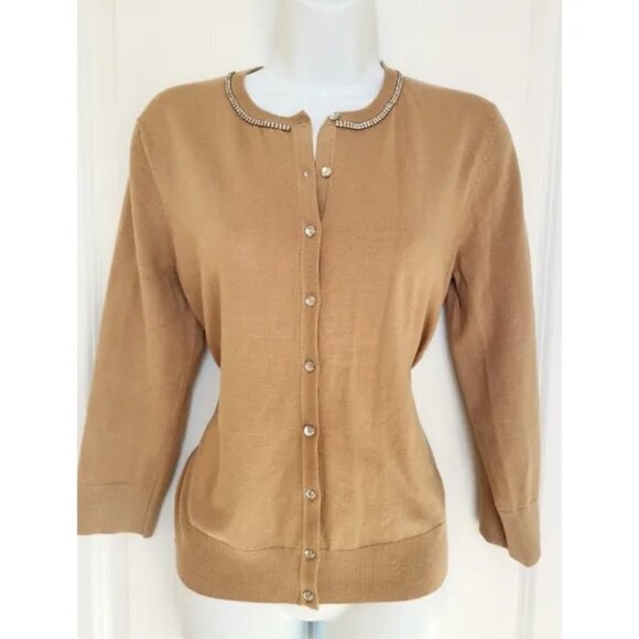Tan Beige Cardigan with crystal accents and buttons - Picture 1 of 7